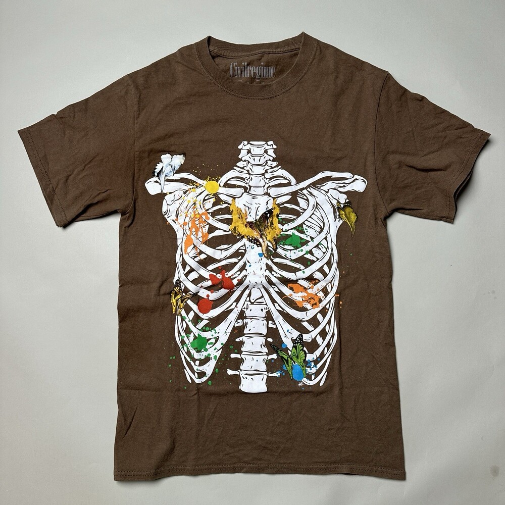 Civil Regime Graphic Street Wear Tee Brown SMALL Mens Brown Skeleton Butterflies